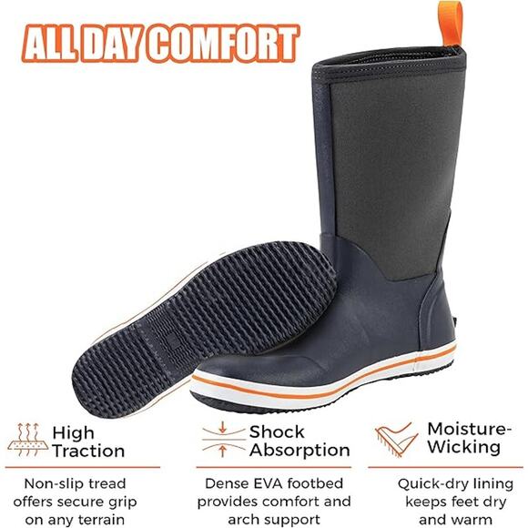 Ubon Mens Size 12 Navy Blue Pull On Waterproof Fishing NonSlip Rubber Rain Boots - Picture 2 of 6